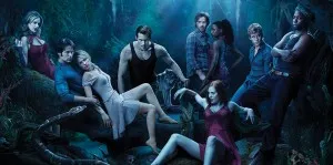 Kristen Bauer van Straten as True Blood's Pam, Stephen Moyer as Bill Compton, Anna Paquin as Sookie Stackhouse, Alexander Skarsgard as Eric Northman, Sam Merlotte as Sam Trammell, Rutina Wesley as Tara Thornton, Deborah Ann Woll as Jessica Hamby, Ryan Kwanten as Jason Stackhouse, Nelsan Ellis as Lafayette Reynolds, Season 3 Poster 