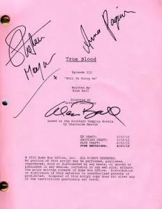 Anna Paquin, Stephen Moyer, Alan Ball signed script.