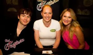 Marshall Allman (Tommy Mickens) and Tara Buck (Ginger) with TrueBloodNet writer Rachel Tsoumbakos at Club Fangtasia