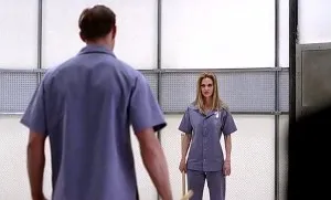 Eric (Alexander Skarsgard) and Pam (Kristin Bauer van Straten) have a stake off in HBO's True Blood Season 6, Episode 5, entitled 'F*ck the Pain Away'